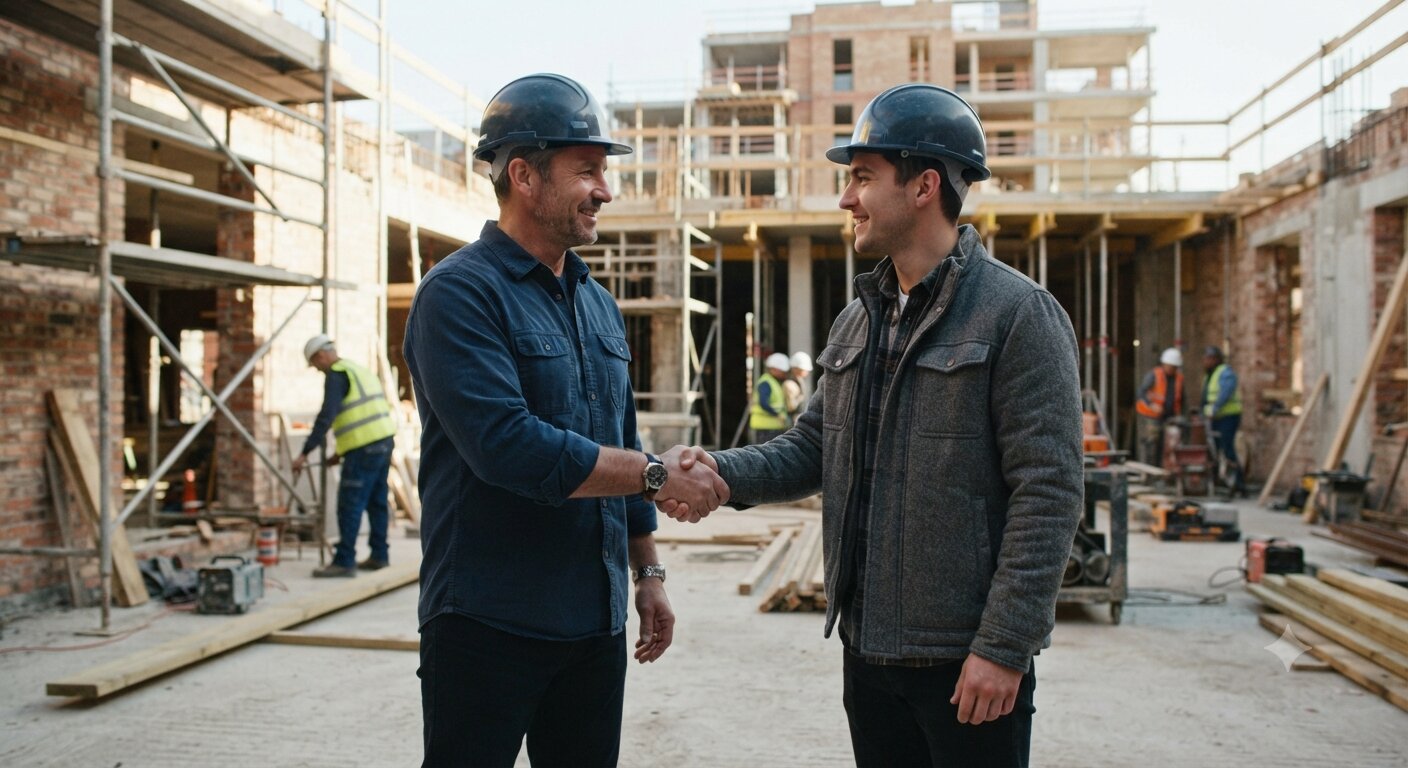 Residential or commercial construction site mid-build with exposed structure