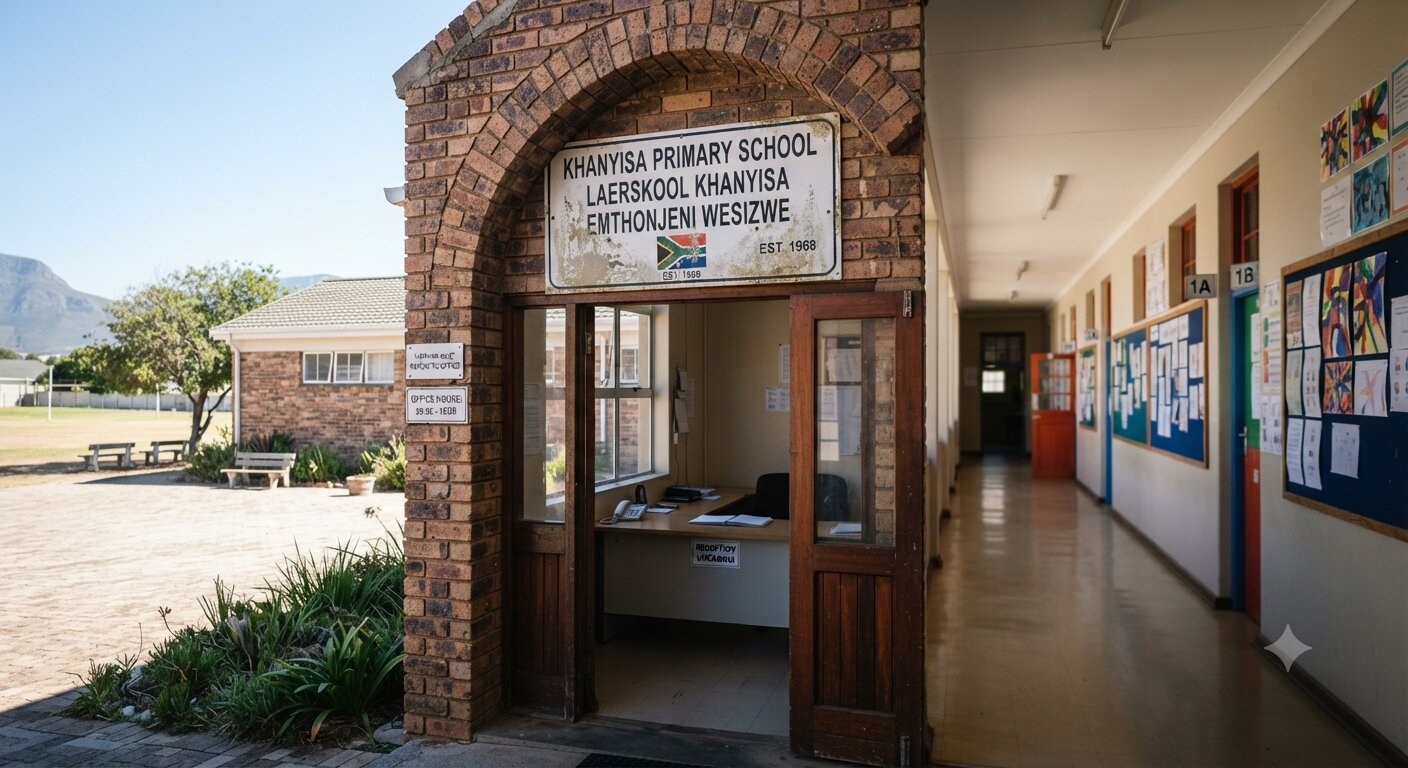 Empty classroom or school entrance photographed without children
